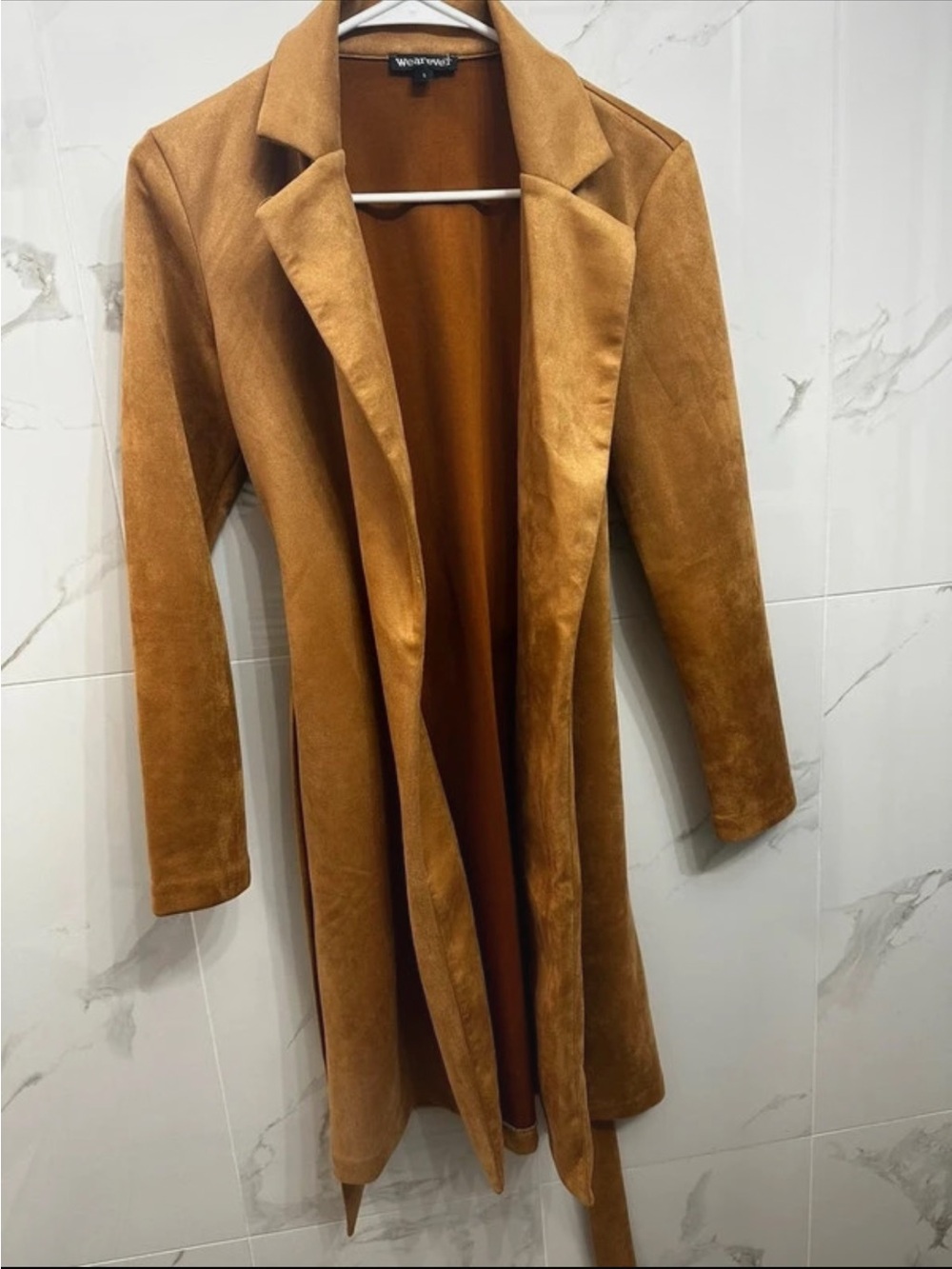 Women's Tan Suede-Look Long Trench Coat